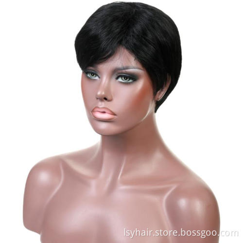 Lsy Non Lace Pixie  Cut Human Hair Wig Color Natural Black 100% Brazilian Hair Wigs For Sale